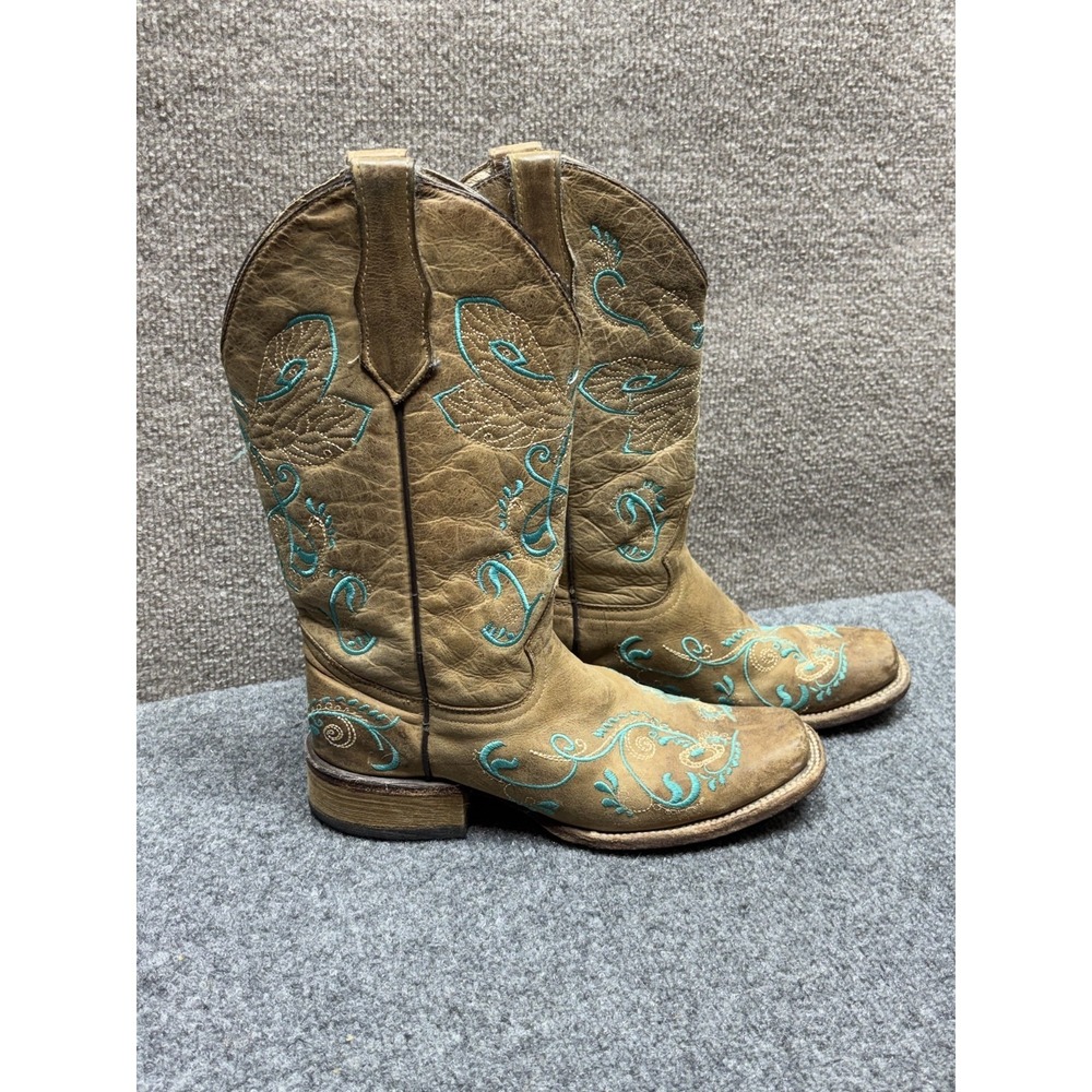 Circle G Womens Cowboy Boots Size 8M Tan Teal Embroidered Cowgirl Western Rodeo